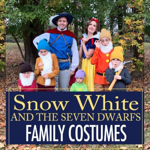 Family dressed as Snow White and the Seven Dwarfs in DIY Halloween costumes