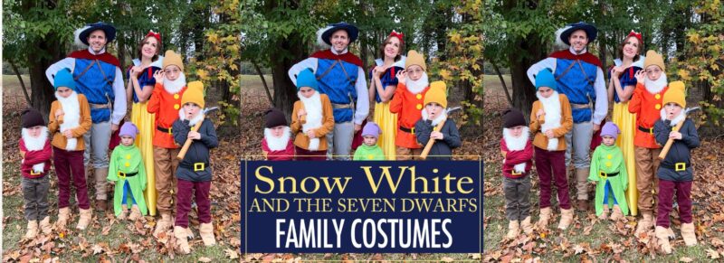 Family dressed as Snow White and the Seven Dwarfs in DIY Halloween costumes