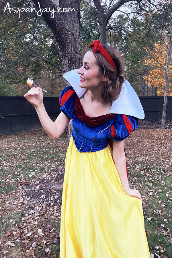 Individual dressed up as Snow White for her Snow White and the Seven dwarfs family themed costumes holding a little bird