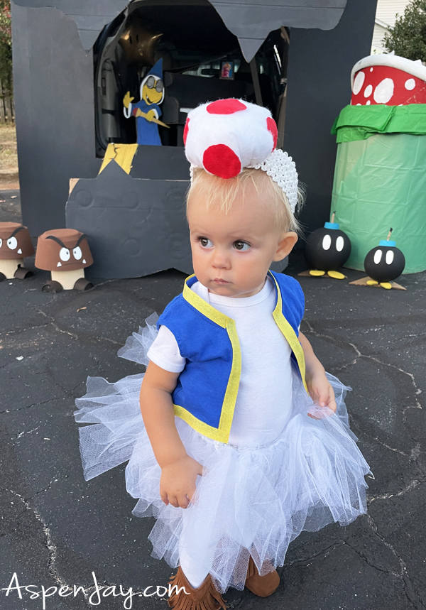 DIY Super Mario Trunk for Halloween - pic of all the props and the cutest little Toad costume you have ever seen!