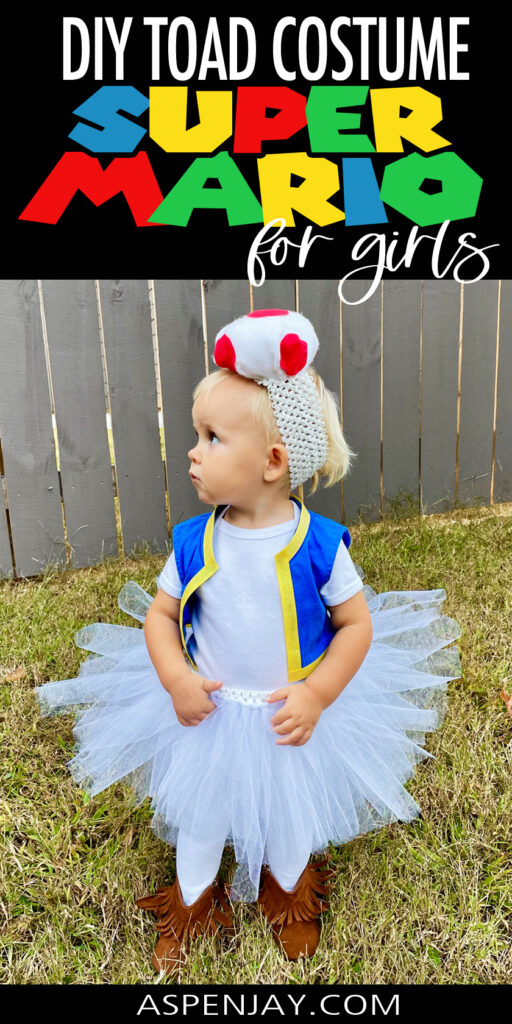 This DIY Toad costume for girls is perfect! With a tutu, smaller mushroom cap, and easy no-sew steps, your toddler or little girl will look adorable this Halloween. 