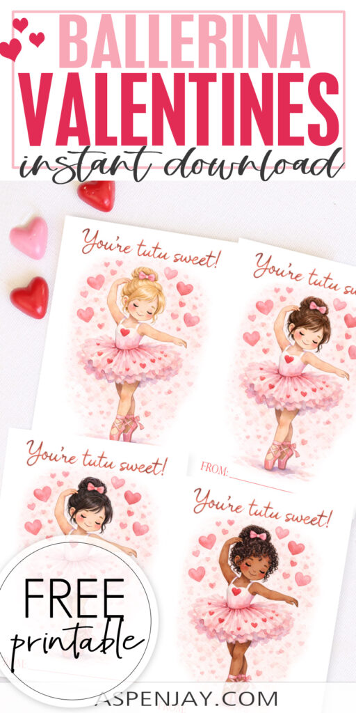 Ballerina Valentine Cards for kids free printable instant download 