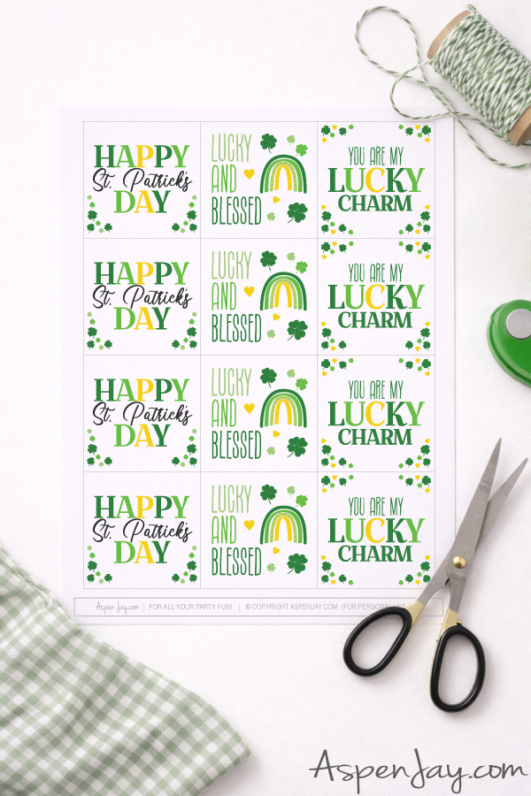 Need quick and cute St. Patrick’s Day gift tags? Download these free 2.5x2.5 printable tags, print at home, cut, and attach with ribbon or twine. Perfect for March 17th goodie bags and festive treats!