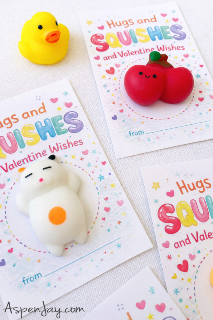 Looking for non-candy Valentines for school? These Hugs and Squishes printable cards are adorable, easy to prep, and perfect with mini squishy toys. Free download on the blog.