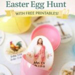 Christ-centered Easter egg hunt printable with scripture symbols and colorful plastic eggs
