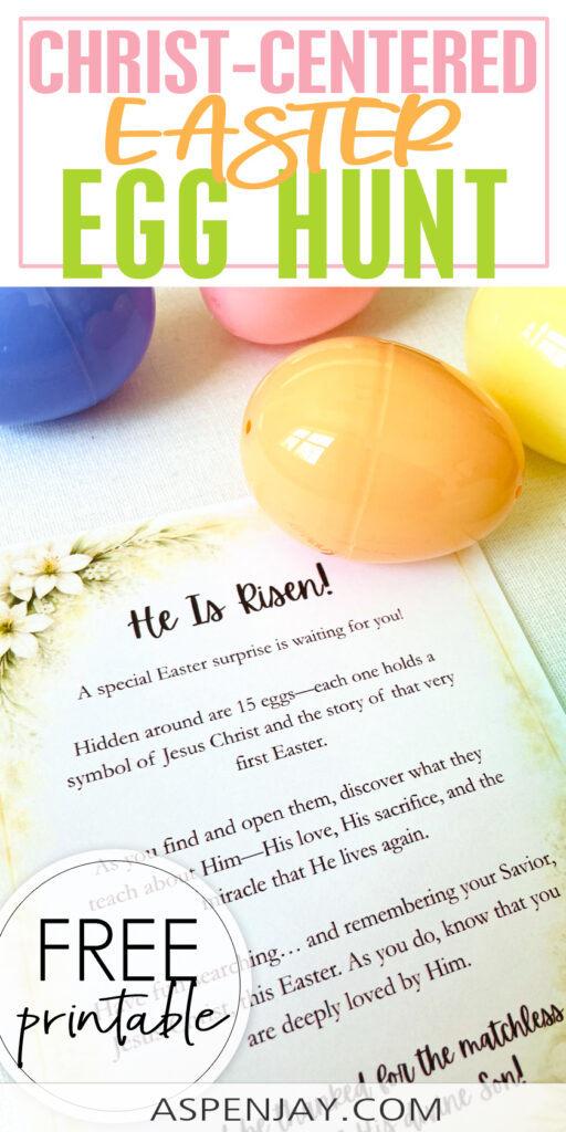 Christ-centered Easter egg hunt instruction page with He Is Risen message and activity details