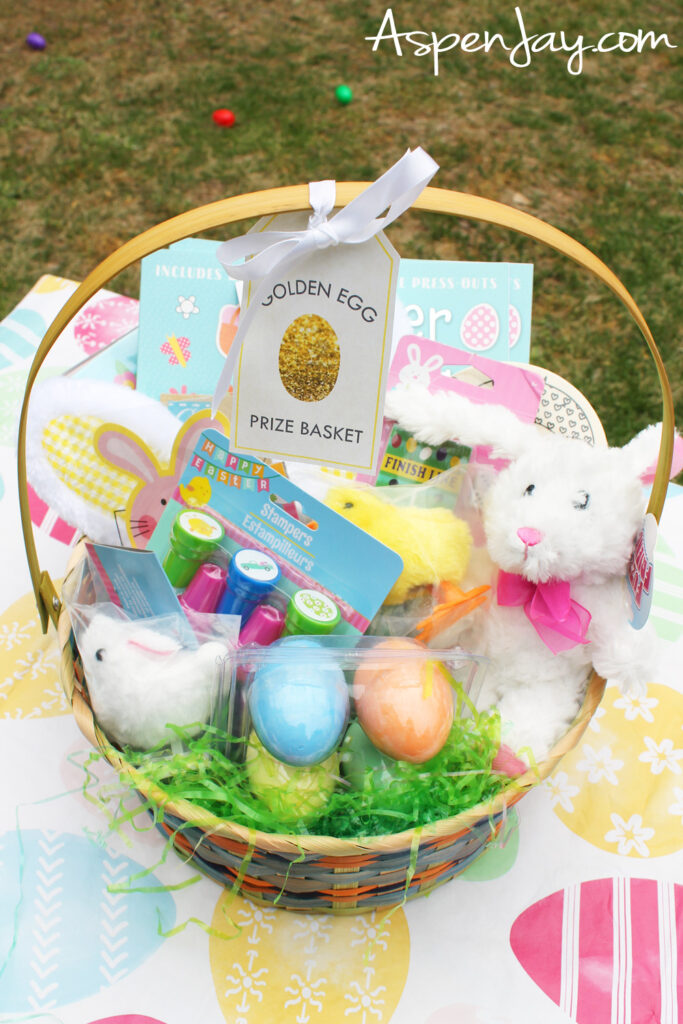 Easter prize basket with toys and golden egg ticket for kids egg hunt prize