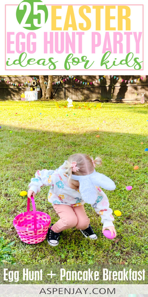 Child picking up Easter eggs during backyard Easter egg hunt with basket