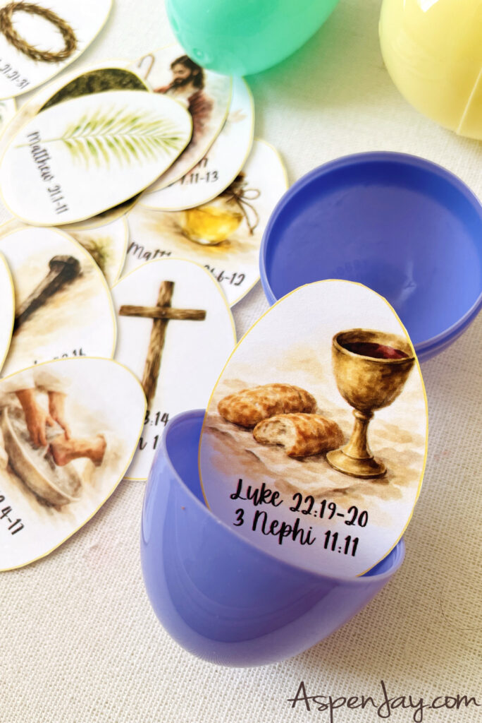 Easter egg hunt symbol with bread and cup representing the Last Supper with scripture references