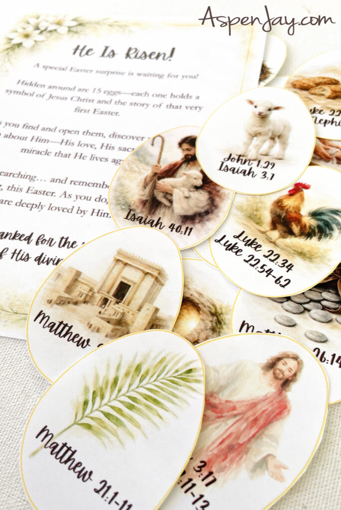 Christ-centered Easter egg hunt printable with scripture symbols and colorful plastic eggs