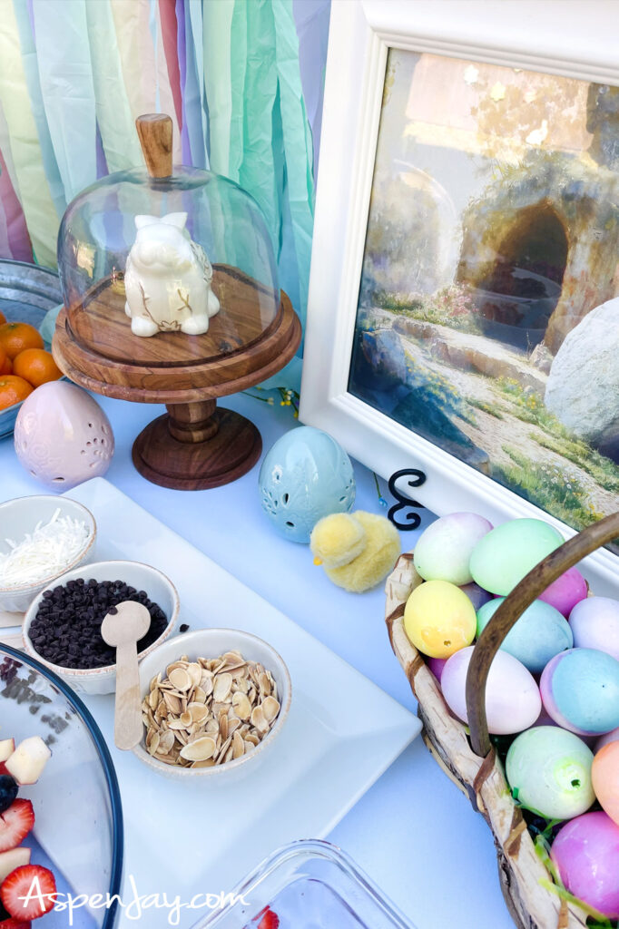 close up of Easter brunch table with pancakes, berries, and toppings