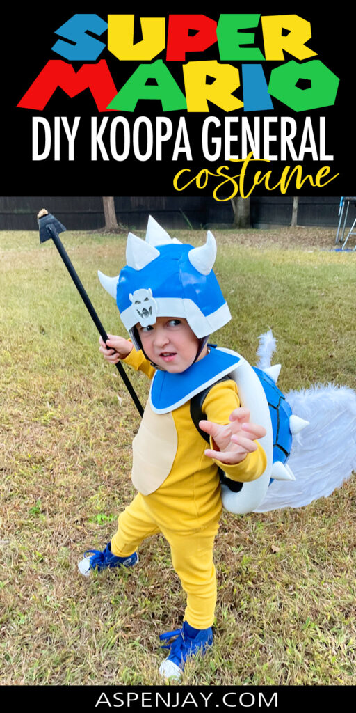 DIY homemade Koopa General costume with blue armor, spiked shell, helmet, and yellow clothing