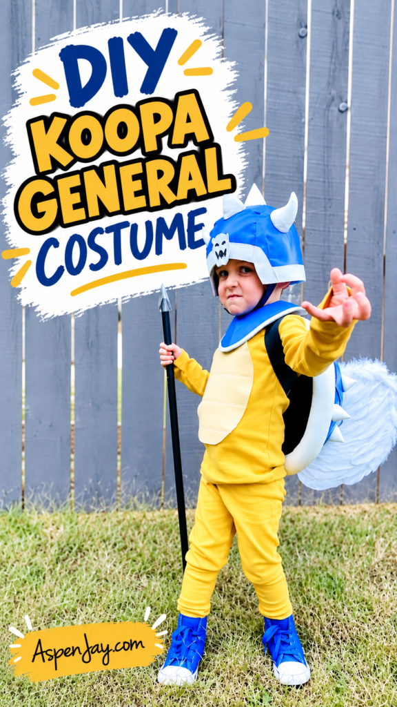 Child wearing a handmade Koopa General costume with a blue shell, helmet, yellow outfit, and blue shoes